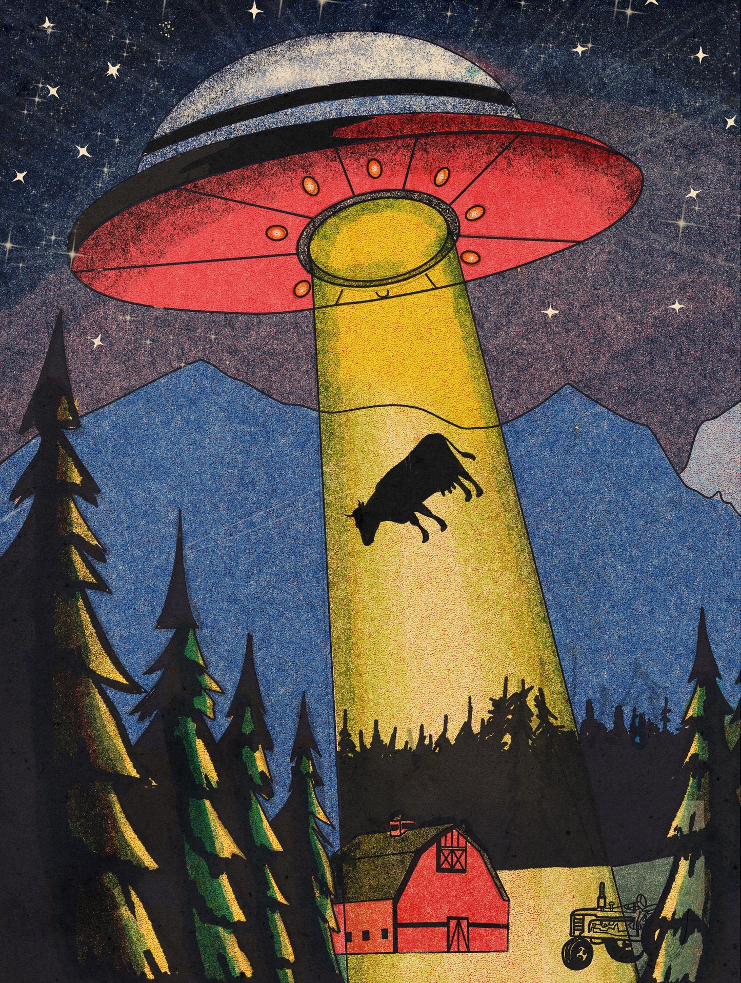 UFO Poster, Risograph Vintage Print Alien Abduction Cow Farm
