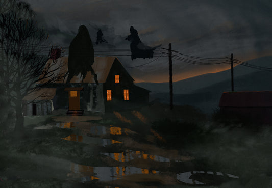 Spooky Haunted House Wall Art Print, Gothic Halloween Decor, Dark Cottage Landscape, Witchy Moody Art Poster, Horror Home Decor, Foggy Night Scene