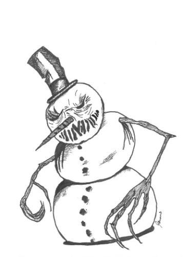 Creepy Snowman Ink Drawing – Original 5x7 Horror Illustration – Dark Winter Art – Black & White Gothic Drawing