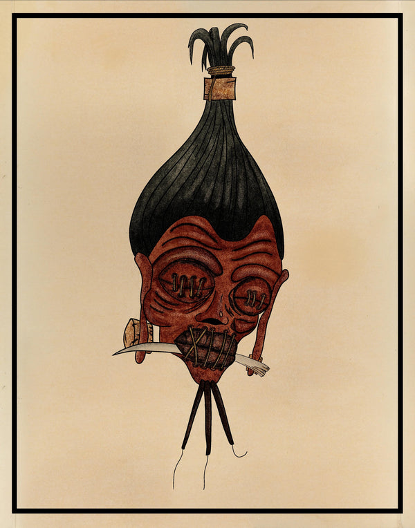 Shrunken Head Art Print | Riso Style Giclée Print | Dark Surreal Wall Art | Macabre Occult Illustration | Gothic Horror Art