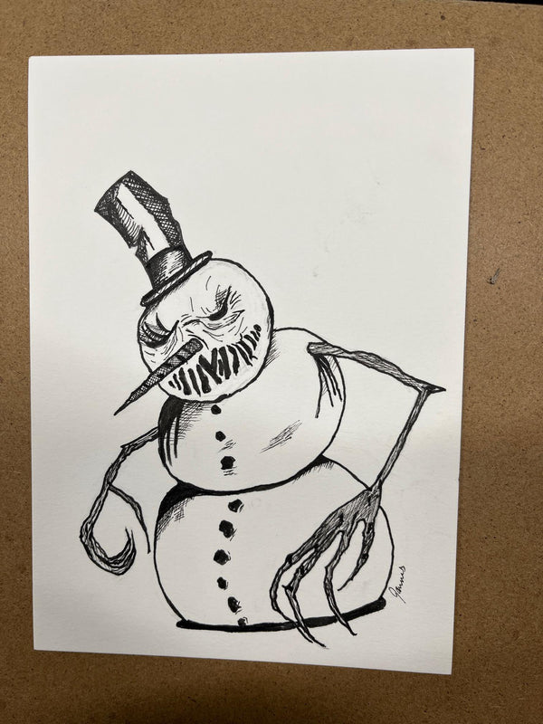 Creepy Snowman Ink Drawing – Giclée Print Horror Illustration – Dark Winter Art – Black & White Gothic Drawing