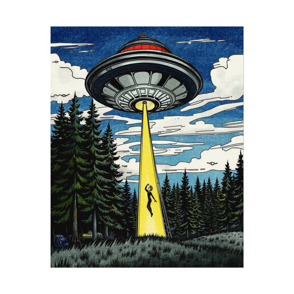 Alien Abduction Poster Matte Vertical Retro Sci-Fi Scene Museum Grade Archival Paper Giclée Inks Bold Narrative Energy Vintage Pulp Atmosphere 46 Sizes Indoor Use