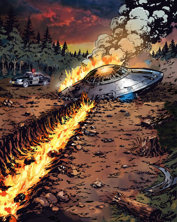 Area 51 UFO Crash Poster Print on Archival Watercolor Paper | Vintage Comic Sci-Fi Wall Art | Alien Spaceship Crash Illustration | Roswell Style Decor