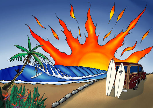 Woody Beach Metal Print, Surf Wall Art, Coastal Sunset Decor, Vintage Woodie Wagon Art, Tropical Ocean Wall Decor, Beach House Metal Artwork