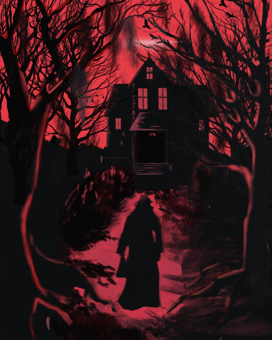The House Above the Door Gothic Horror Wall Art Print | Haunted House Canvas | Dark Fantasy Decor | Red and Black Gothic Artwork | Horror Home Decor