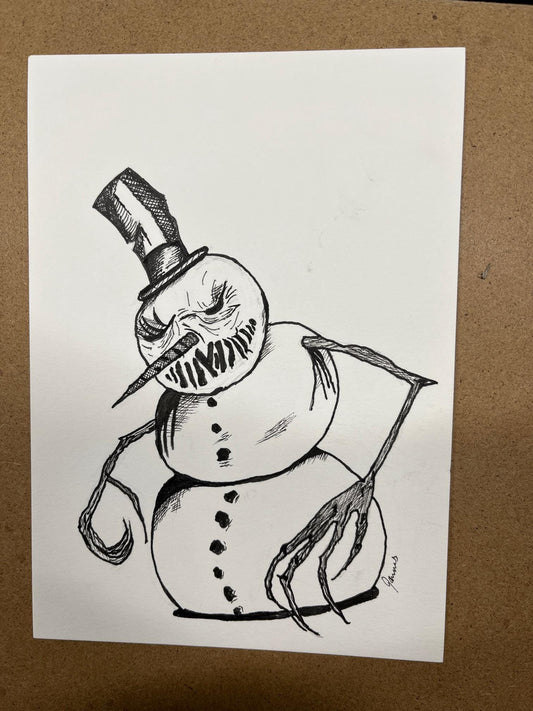 Creepy Snowman Ink Drawing – Original 5x7 Horror Illustration – Dark Winter Art – Black & White Gothic Drawing