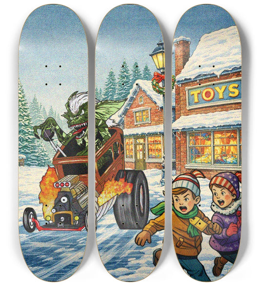 Quiet Street at Christmas turns to Nightmare 3-piece skateboard deck set with Gremlins