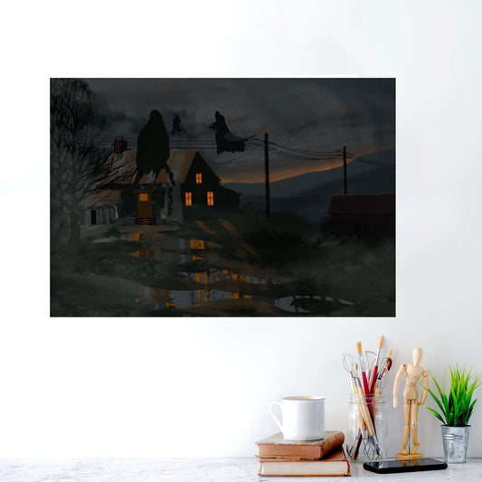 Spooky Haunted House Wall Art Print, Gothic Halloween Decor, Dark Cottage Landscape, Witchy Moody Art Poster, Horror Home Decor, Foggy Night Scene