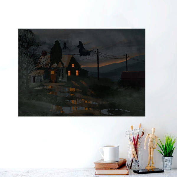 Spooky Haunted House Wall Art Print, Gothic Halloween Decor, Dark Cottage Landscape, Witchy Moody Art Poster, Horror Home Decor, Foggy Night Scene
