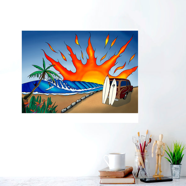 Woody Beach Metal Print, Surf Wall Art, Coastal Sunset Decor, Vintage Woodie Wagon Art, Tropical Ocean Wall Decor, Beach House Metal Artwork